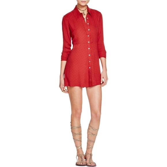 Free People This Town Red Long Sleeve Button-Down Shirt Dress - Picture 2 of 7
